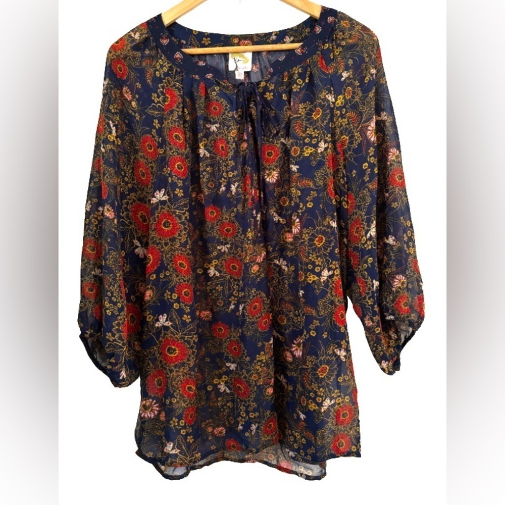 fig and flower nvy & rust 3/4 slv rnd nk semi sheer tunic w tie at nk SZ 2X
